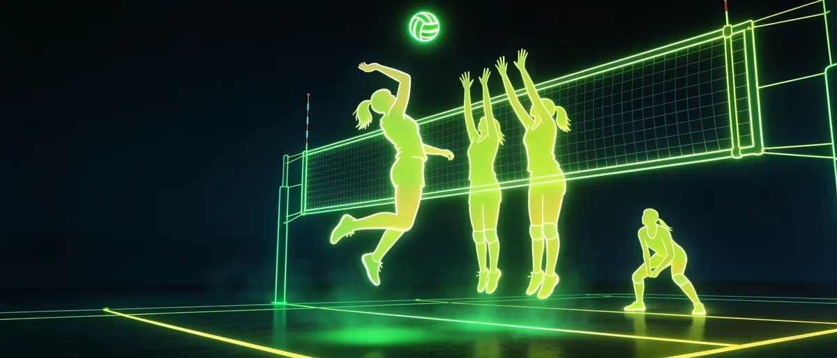 Neon line drawing of a volleyball court with a hitter spiking over a double block